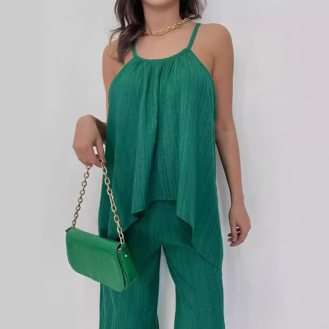 Ensemble Femme Haut Dos Nu Asymétrique – Pantalon Large – Tissu Léger Respirant