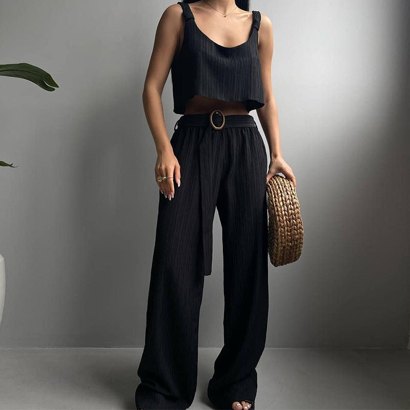 Ensemble Femme Deux Pièces – Haut Court Bretelles Larges – Pantalon Taille Haute Ample