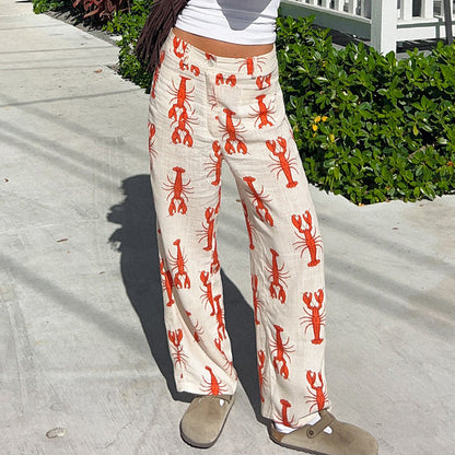 Pantalon femme coupe droite – Tissu respirant – Imprimé homards – Coupe décontractée