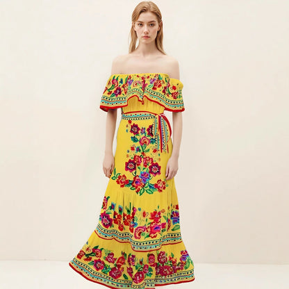 Robe maxi femme – épaules dénudées – imprimé fleuri – jupe à volants fluide