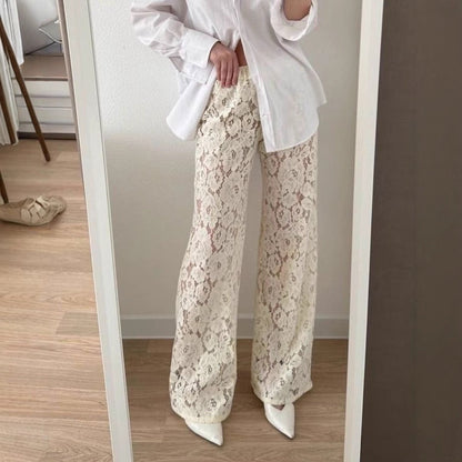 Pantalon Femme Large – Dentelle Transparente – Taille Élastique – Longueur Totale