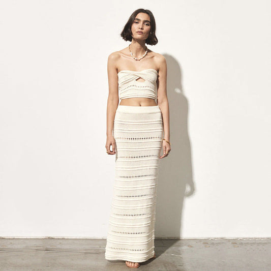 Ensemble Deux Pièces Femme – Crochet Respirant – Coupe Slim – Top Bandeau et Jupe Midi