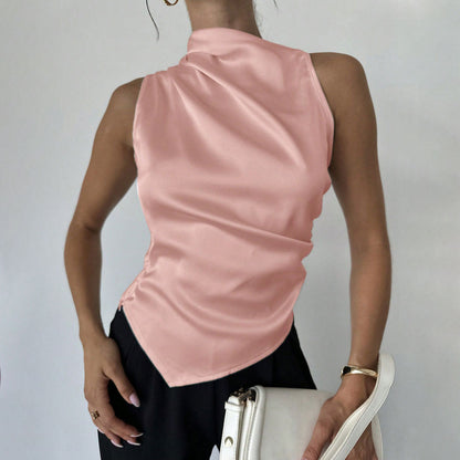 Blouse sans manches femme – Coupe slim satinée – Col montant – Devant drapé