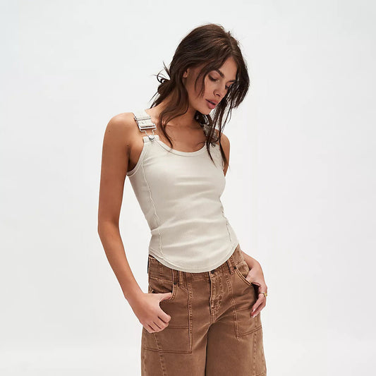 Débardeur Femme – Coupe Slim – Maille Côtelée – Bretelles Amovibles – Col Rond