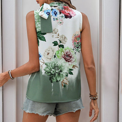 Top femme col halter – Coupe slim – Sans manches – Imprimé fleuri – Détail noué