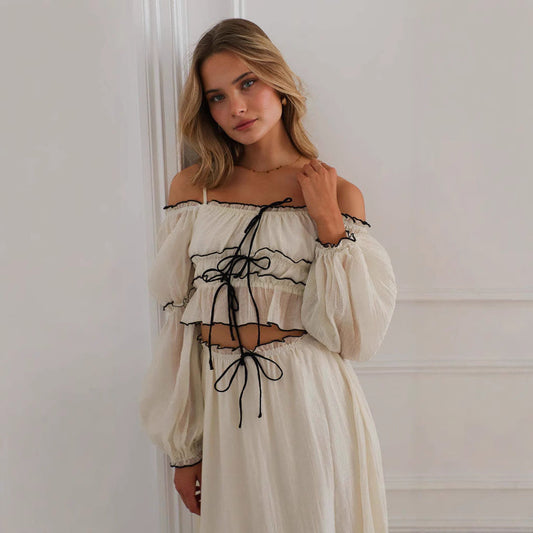 Ensemble Femme Deux Pièces – Top Épaules Dénudées Volants – Jupe Midi Fluide – Style Bohème