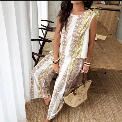 Ensemble Femme Débardeur et Pantalon Large – Taille Haute – Imprimé Géométrique – Coupe Décontractée