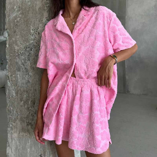 Pyjama Femme – Coupe Décontractée – Maille Jacquard – Chemise Boutonnée & Short Élastique