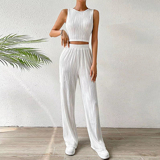 Ensemble femme deux pièces – Haut court sans manches – Pantalon taille haute droit côtelé