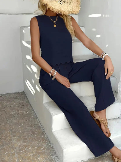 Pantalon femme large – Tissu léger froissé – Coupe ample – Taille élastique