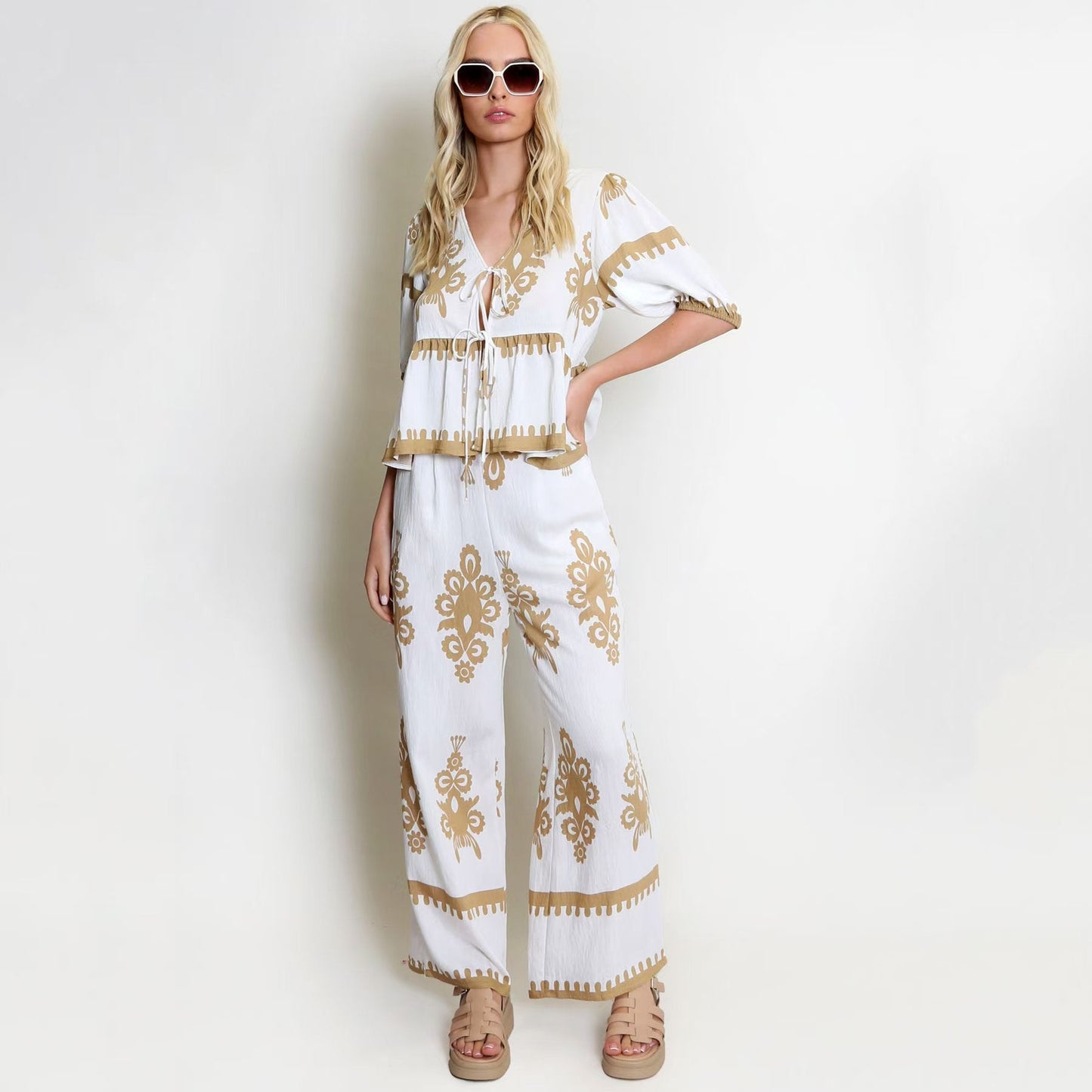 Ensemble Femme Deux Pièces – Haut Nœud Détendu – Pantalon Large