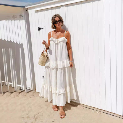 Robe longue femme – Coupe fluide – Bretelles fines – Volants