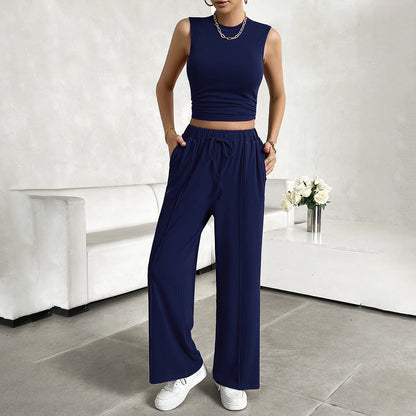 Ensemble Femme 2 Pièces – Crop Top Sans Manches – Pantalon Large Taille Haute