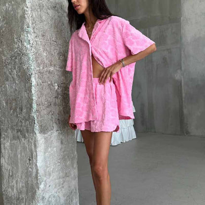 Pyjama Femme – Coupe Décontractée – Maille Jacquard – Chemise Boutonnée & Short Élastique