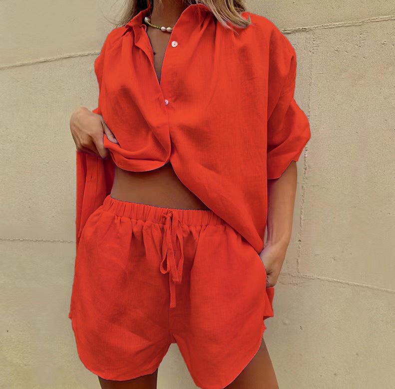 Ensemble Femme – Chemise Ample Boutonnée et Short Taille Haute à Cordon