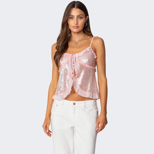 Top court femme – dos nu – coupe ajustée – sequins – volants – lien devant