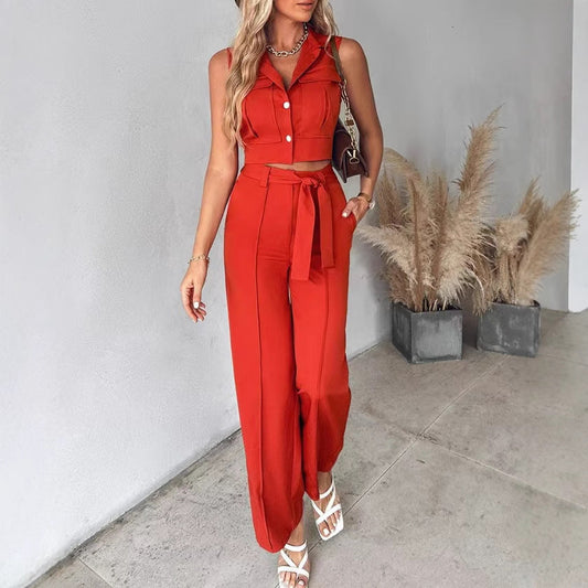 Ensemble pantalon femme – Crop top sans manches – Taille haute – Coupe large ceinturée