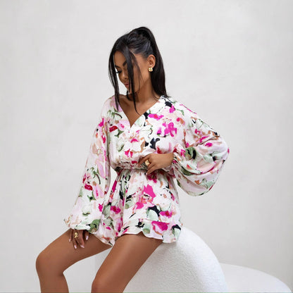 Combinaison Short Femme – Tissu Respirant – Manches Longues – Imprimé Abstrait – Taille Cintrée