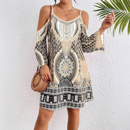 Robe midi femme – Coupe évasée – Épaules dénudées – Manches mi-longues
