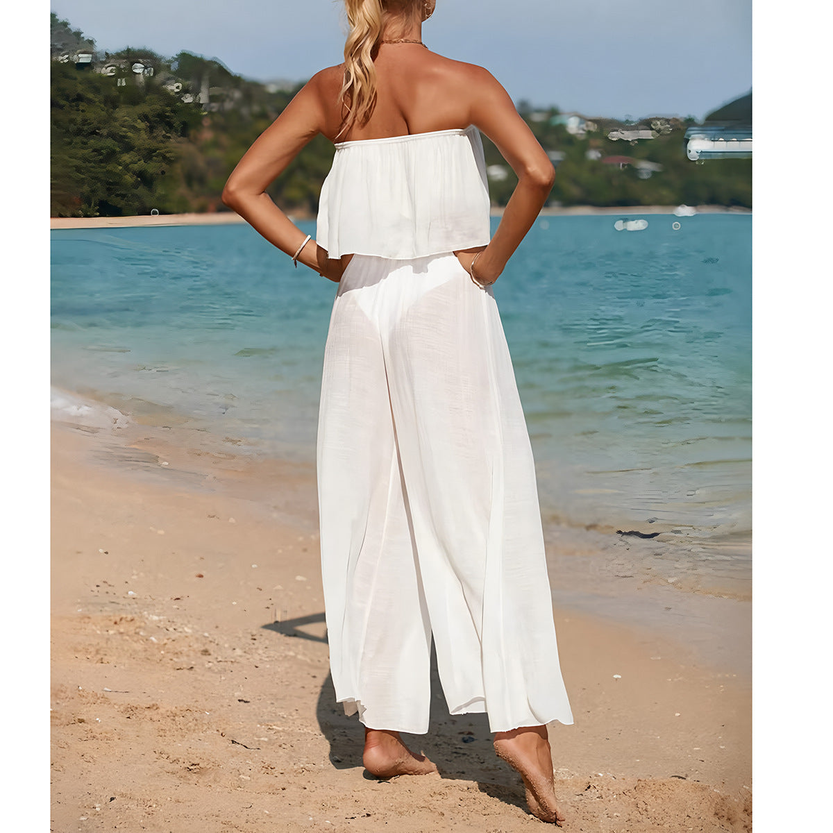 Ensemble Femme Deux Pièces – Haut Bandeau Évasé – Pantalon Large Taille Haute