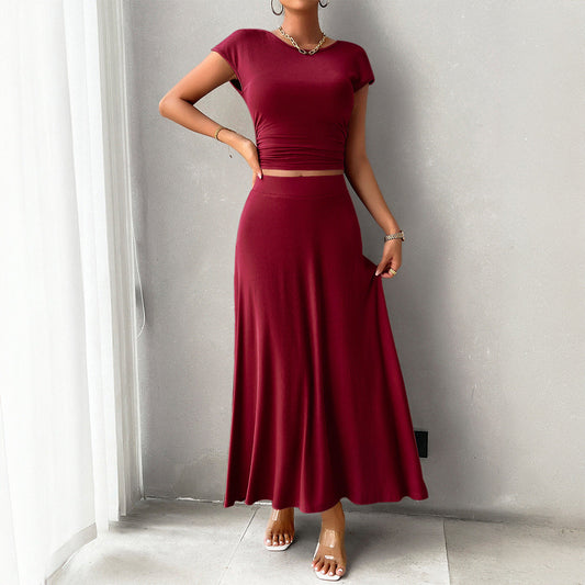 Ensemble Femme Deux Pièces – Crop Top Ajusté Froncé – Jupe Longue Fluide