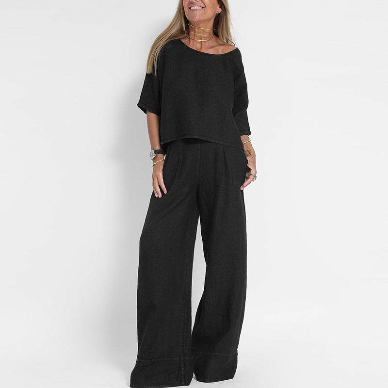 Ensemble Femme Deux Pièces – Lin Mélangé – Coupe Ample – T-shirt Manche Courte et Pantalon Large