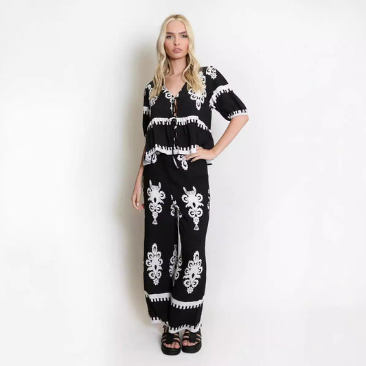 Ensemble Femme Deux Pièces – Haut Nœud Détendu – Pantalon Large
