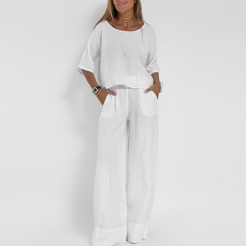 Ensemble Femme Deux Pièces – Lin Mélangé – Coupe Ample – T-shirt Manche Courte et Pantalon Large