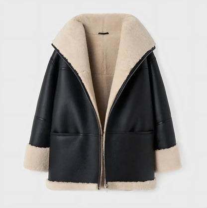 Manteau Femme en Peau de Mouton – Coupe Oversize – Fermeture Zippée – Col Doublé Chaud