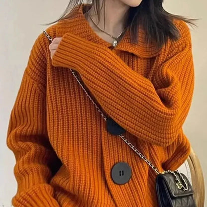 Cardigan femme oversize – Maille côtelée – Boutons contrastants – Manches longues