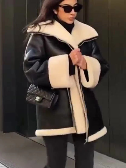 Manteau Femme en Peau de Mouton – Coupe Oversize – Fermeture Zippée – Col Doublé Chaud