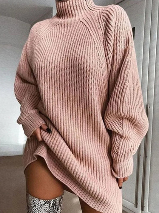 Robe Pull Femme – Maille Côtelée – Col Roulé – Coupe Oversize – Manches Longues