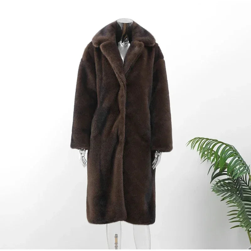 Manteau Long Femme - Coupe Droite Élégante - Col Cranté - Fausse Fourrure Luxe