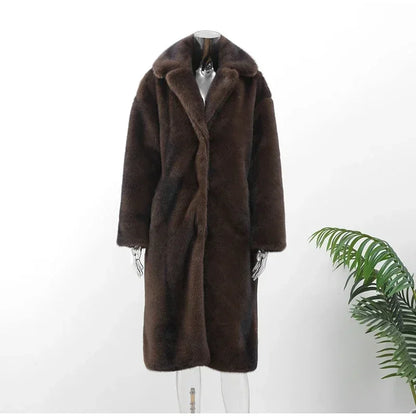 Manteau Long Femme - Coupe Droite Élégante - Col Cranté - Fausse Fourrure Luxe