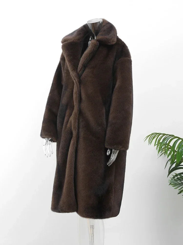 Manteau Long Femme - Coupe Droite Élégante - Col Cranté - Fausse Fourrure Luxe