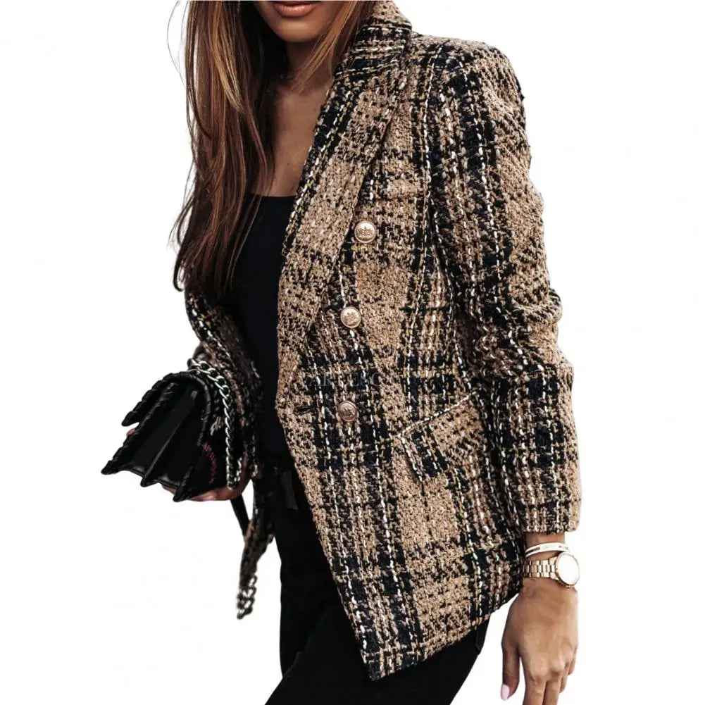 Blazer Femme - Tweed Structuré - Coupe Cintrée - Motif Carreaux Élégant - Boutons Dorés