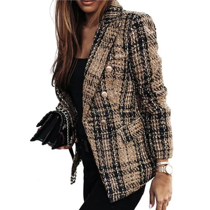 Blazer Femme - Tweed Structuré - Coupe Cintrée - Motif Carreaux Élégant - Boutons Dorés