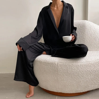 Pyjama Femme Deux Pièces – Coupe Ample – Chemise Boutonnée – Pantalon Jambe Large