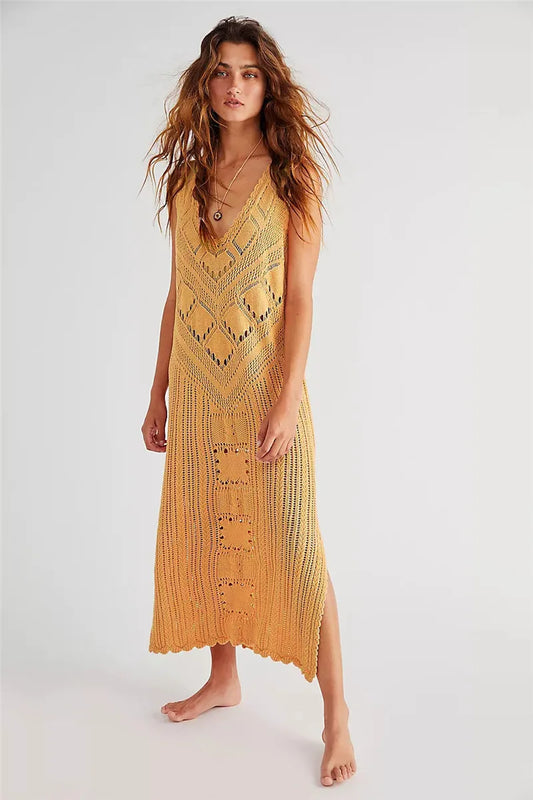 Robe femme – Coupe décontractée – Maille ajourée – Col V – Motif géométrique – Fente côté