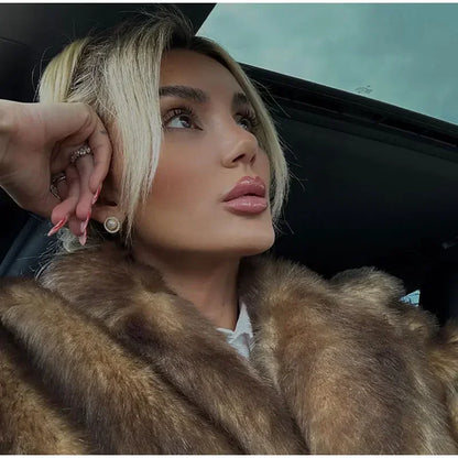 Manteau Long Femme - Coupe Droite Élégante - Col Cranté - Fausse Fourrure Luxe