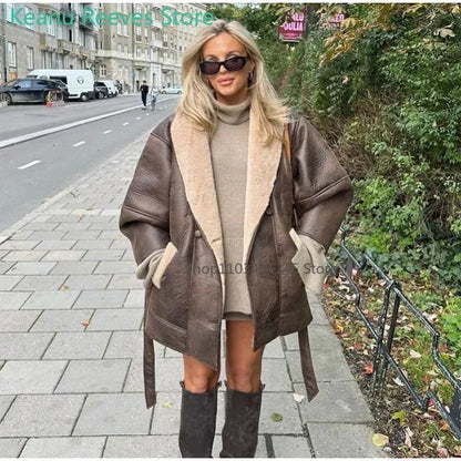 Manteau Femme en Cuir avec Ceinture – Coupe Oversize – Doublure Laine – Col Châle