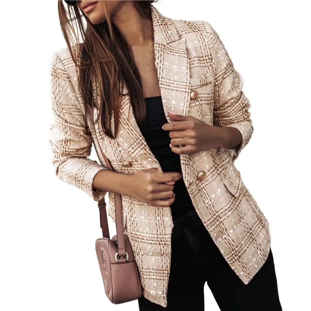 Blazer Femme - Tweed Structuré - Coupe Cintrée - Motif Carreaux Élégant - Boutons Dorés