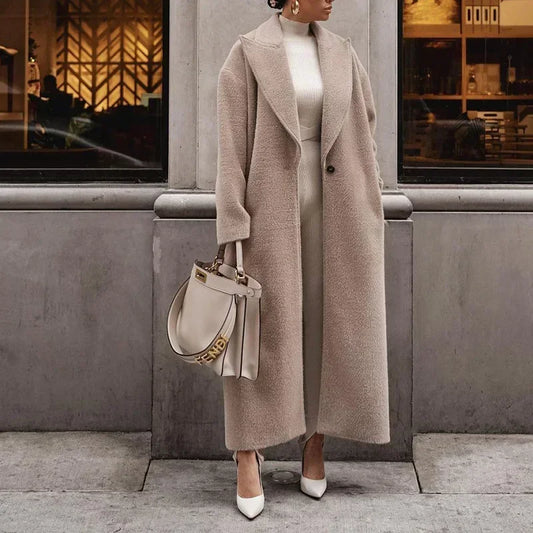 Manteau long femme - Coupe droite oversize - Tissu texturé - Revers larges élégants