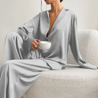 Pyjama Femme Deux Pièces – Coupe Ample – Chemise Boutonnée – Pantalon Jambe Large