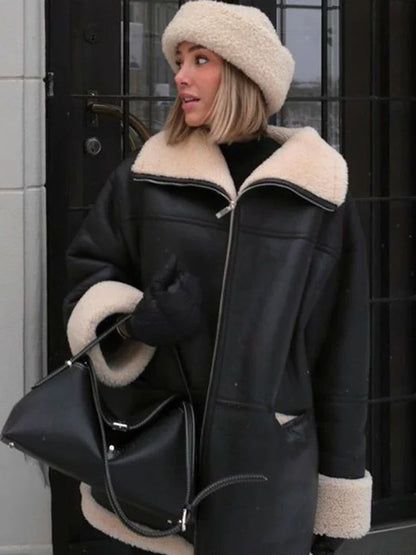Manteau Femme en Peau de Mouton – Coupe Oversize – Fermeture Zippée – Col Doublé Chaud
