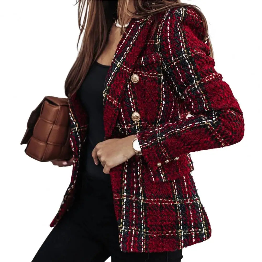 Blazer Femme - Tweed Structuré - Coupe Cintrée - Motif Carreaux Élégant - Boutons Dorés