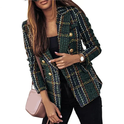 Blazer Femme - Tweed Structuré - Coupe Cintrée - Motif Carreaux Élégant - Boutons Dorés