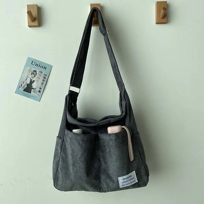 Sac bandoulière femme - Côtelé décontracté - Multi-poches - Bandoulière large confortable