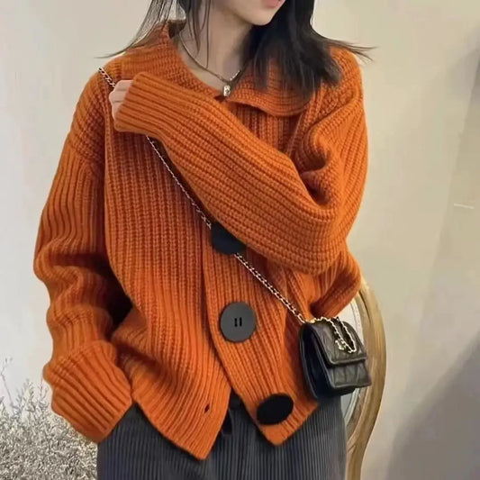 Cardigan femme oversize – Maille côtelée – Boutons contrastants – Manches longues