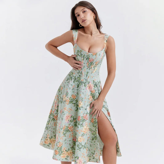 Robe Midi Femme – Coupe Cintrée Évasée – Imprimé Floral – Fente Latérale Élégante